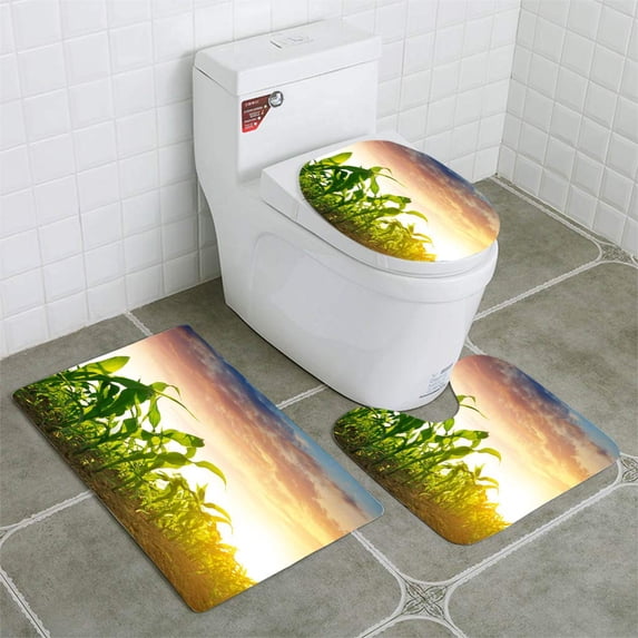 PUDMAD Green Corn Field 3 Piece Bathroom Rugs Set Bath Rug Contour Mat and Toilet Lid Cover