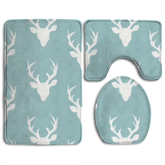 PUDMAD Green Deer Antlers 3 Piece Bathroom Rugs Set Bath Rug Contour Mat and Toilet Lid Cover