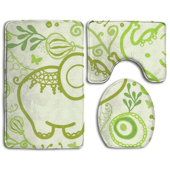 PUDMAD Green Elephants Bouquets 3 Piece Bathroom Rugs Set Bath Rug Contour Mat and Toilet Lid Cover