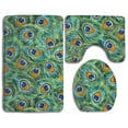 thumbnail image 1 of PUDMAD Green Fabric Peacock Feathers 3 Piece Bathroom Rugs Set Bath Rug Contour Mat and Toilet Lid Cover, 1 of 2