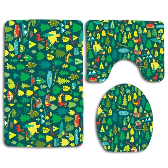 PUDMAD Green Forest 3 Piece Bathroom Rugs Set Bath Rug Contour Mat and Toilet Lid Cover