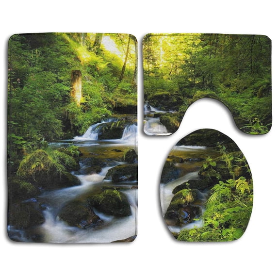 PUDMAD Green Forest Waterfall Rock 3 Piece Bathroom Rugs Set Bath Rug Contour Mat and Toilet Lid Cover
