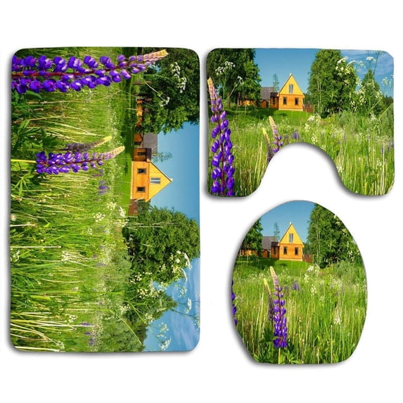 PUDMAD Green Grassland and House 3 Piece Bathroom Rugs Set Bath Rug Contour Mat and Toilet Lid Cover