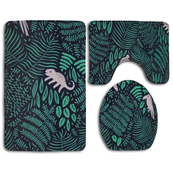 PUDMAD Green Leaves Chameleon 3 Piece Bathroom Rugs Set Bath Rug Contour Mat and Toilet Lid Cover