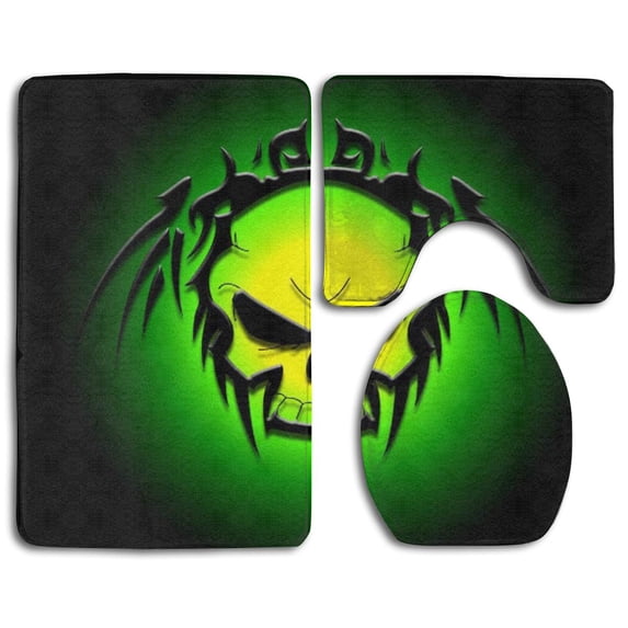 PUDMAD Green Skull 3 Piece Bathroom Rugs Set Bath Rug Contour Mat and Toilet Lid Cover