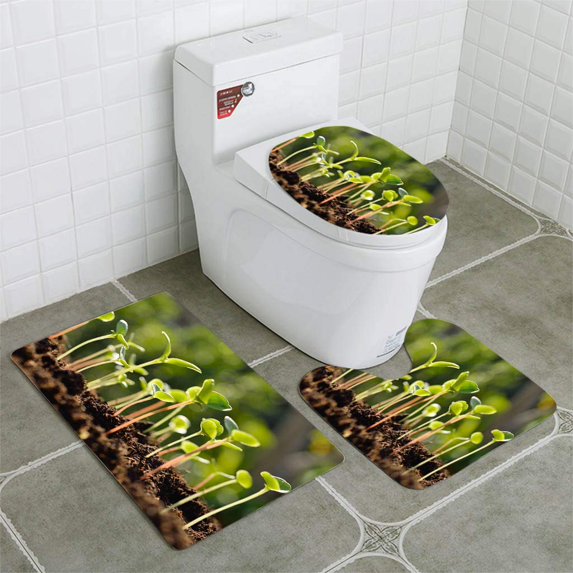 PUDMAD Green Sprouts 3 Piece Bathroom Rugs Set Bath Rug Contour Mat and Toilet Lid Cover