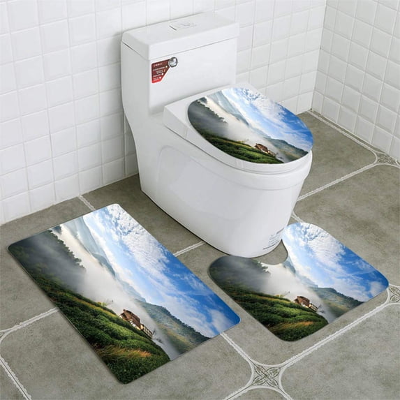 PUDMAD Green Tea Plantation 3 Piece Bathroom Rugs Set Bath Rug Contour Mat and Toilet Lid Cover