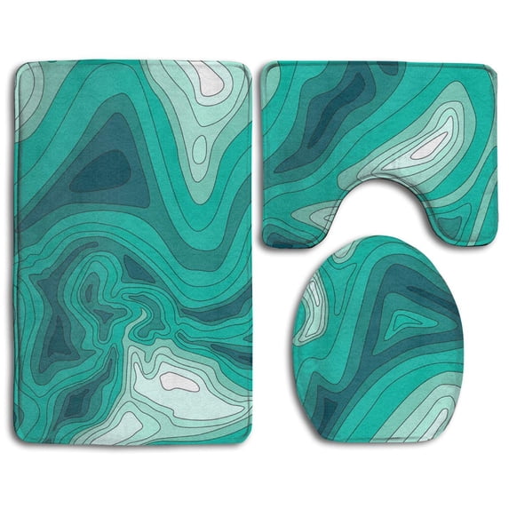 PUDMAD Green Topo Earth Science 3 Piece Bathroom Rugs Set Bath Rug Contour Mat and Toilet Lid Cover