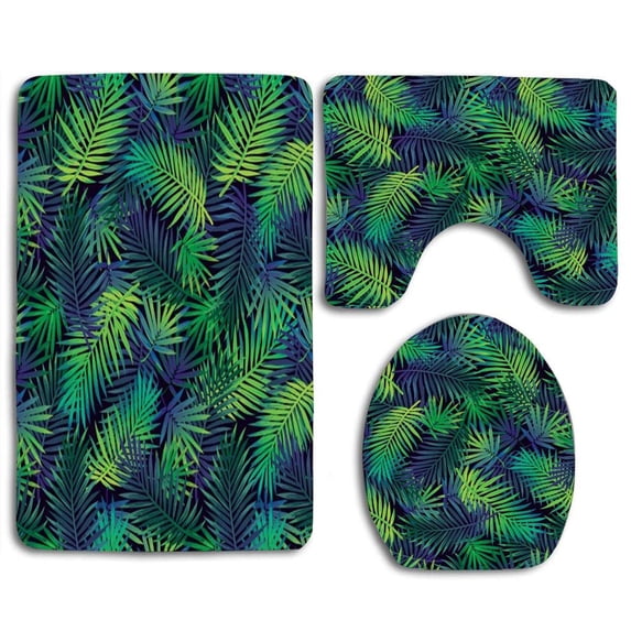 PUDMAD Green Tropical Hibiscus Leaves 3 Piece Bathroom Rugs Set Bath Rug Contour Mat and Toilet Lid Cover