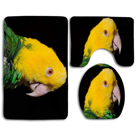 PUDMAD Green and Yellow Parrot 3 Piece Bathroom Rugs Set Bath Rug Contour Mat and Toilet Lid Cover