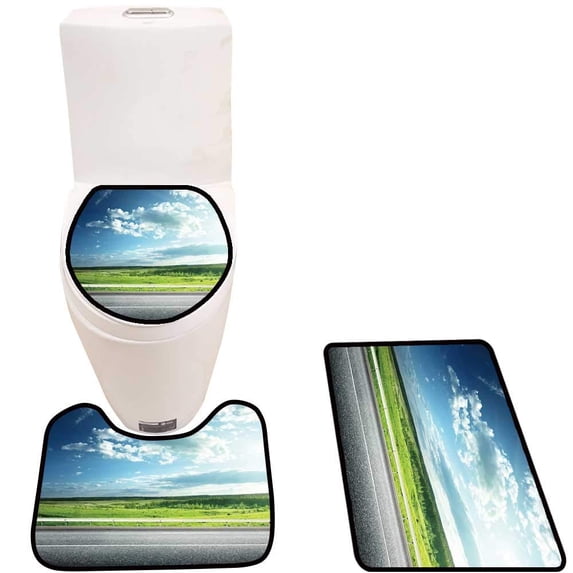 PUDMAD Green fiel Next to Asphalt in 3 Piece Bathroom Rugs Set Bath Rug Contour Mat and Toilet Lid Cover