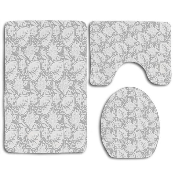 PUDMAD Grey Big Leaves on Old Fashion Floral Background Feminine Dramatic Style Retro Graphic 3 Piece Bathroom Rugs Set Bath Rug Contour Mat and Toilet Lid Cover