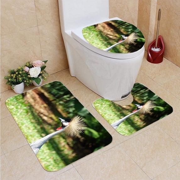 PUDMAD Grey Crowned Crane Bird 3 Piece Bathroom Rugs Set Bath Rug Contour Mat and Toilet Lid Cover