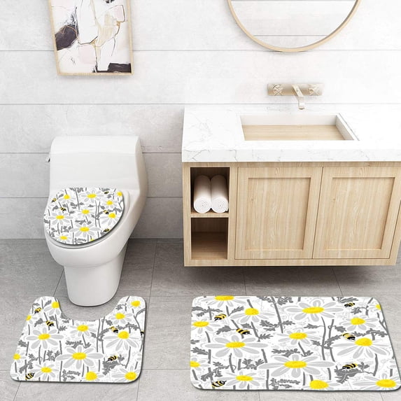 PUDMAD Grey Daisy Flowers Bees in Spring Time Honey Petals Floret Nature Purity Bloom 3 Piece Bathroom Rugs Set Bath Rug Contour Mat and Toilet Lid Cover