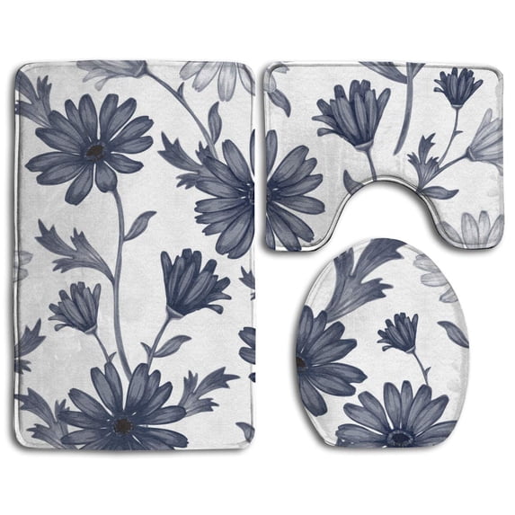 PUDMAD Grey Flowers 3 Piece Bathroom Rugs Set Bath Rug Contour Mat and Toilet Lid Cover