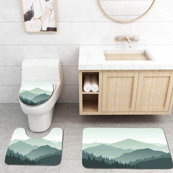 PUDMAD Grey Foggy Mountain Landscape 3 Piece Bathroom Rugs Set Bath Rug Contour Mat and Toilet Lid Cover