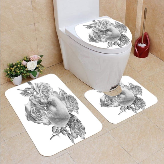 PUDMAD Grey Monochrome Human Skull Roses Hand Drawn Watercolors ROM 3 Piece Bathroom Rugs Set Bath Rug Contour Mat and Toilet Lid Cover