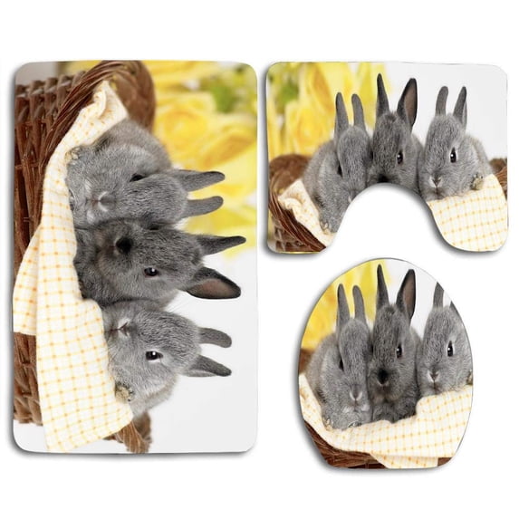 PUDMAD Grey Rabbits in Basket 3 Piece Bathroom Rugs Set Bath Rug Contour Mat and Toilet Lid Cover