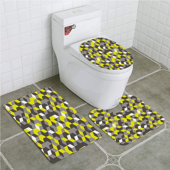 PUDMAD Grey and Yellow 3D Inspired Modern Geometrical Boxes Cubes Mustard 3 Piece Bathroom Rugs Set Bath Rug Contour Mat and Toilet Lid Cover