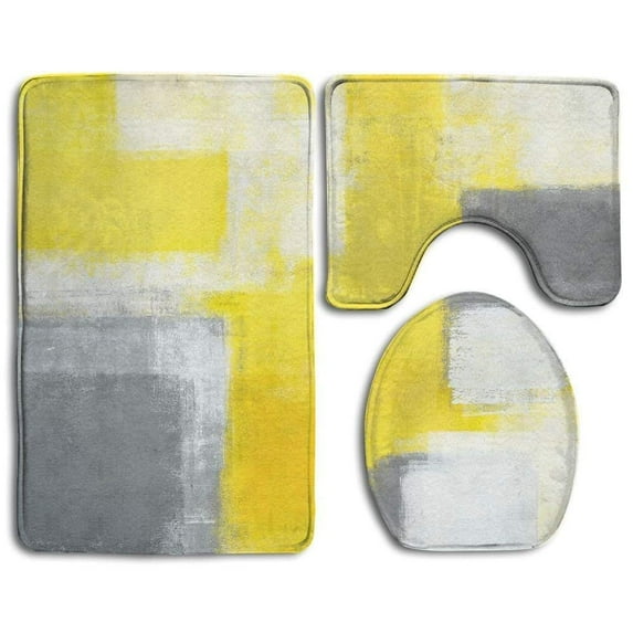 PUDMAD Grey Yellow Abstract Art Painting Whitek 3 Piece Bathroom Rugs Set Bath Rug Contour Mat and Toilet Lid Cover