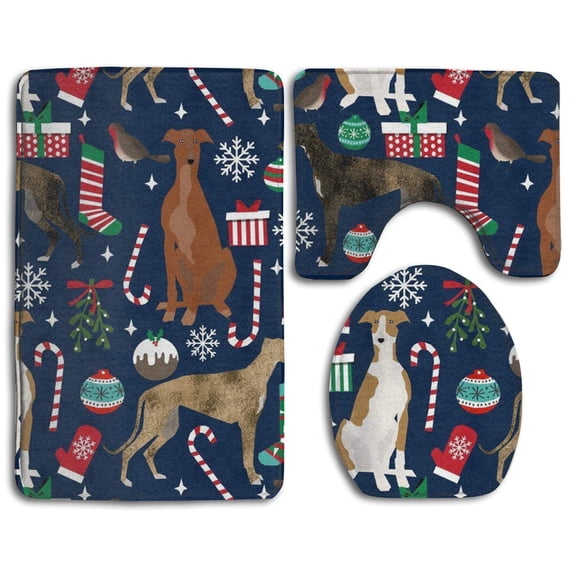 PUDMAD Greyhound Christmas Dog 3 Piece Bathroom Rugs Set Bath Rug Contour Mat and Toilet Lid Cover
