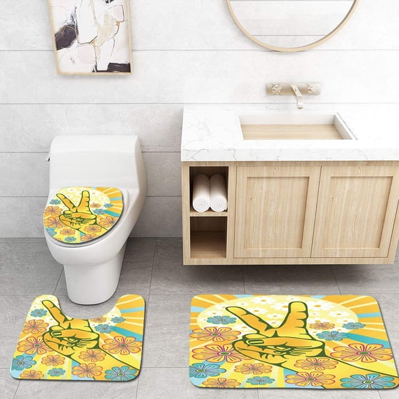 PUDMAD Groovy Hand Gesturing Symbol Peace Flowers and Sunbeams Funky Modern Art 3 Piece Bathroom Rugs Set Bath Rug Contour Mat and Toilet Lid Cover