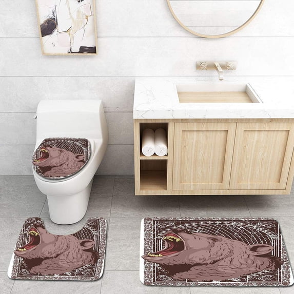 PUDMAD Growling Grizzly Bear Sharp Teeth Brown and 3 Piece Bathroom Rugs Set Bath Rug Contour Mat and Toilet Lid Cover