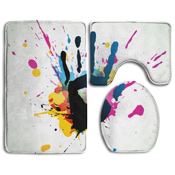 PUDMAD Grunge Hand On Paint Splashes Trendy 3 Piece Bathroom Rugs Set Bath Rug Contour Mat and Toilet Lid Cover
