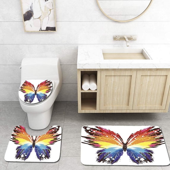 PUDMAD Grunge Rainbow Butterfly 3 Piece Bathroom Rugs Set Bath Rug Contour Mat and Toilet Lid Cover