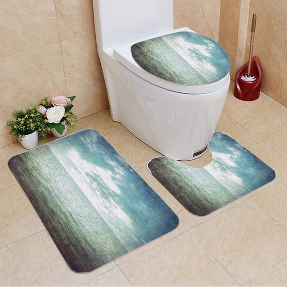 PUDMAD Grunge Wallpaper sea Sky Cloud Vintage 3 Piece Bathroom Rugs Set Bath Rug Contour Mat and Toilet Lid Cover