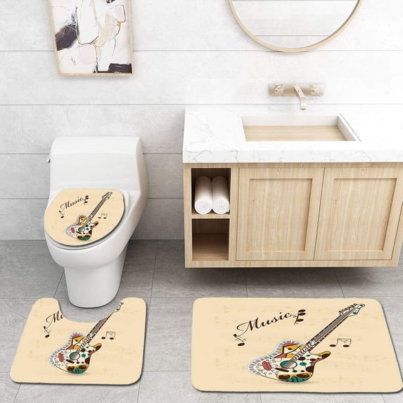 PUDMAD Guitar Abstract Funky Guitar Instrument Melody Musical Notes and Hand Writing Sand 3 Piece Bathroom Rugs Set Bath Rug Contour Mat and Toilet Lid Cover