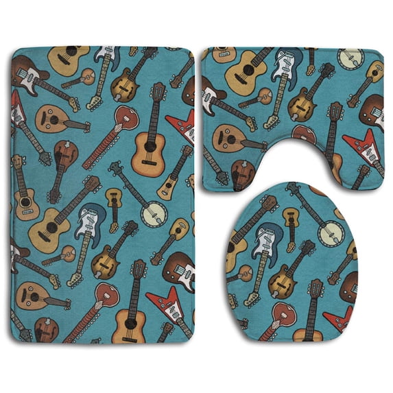 PUDMAD Guitar Music Instrument 3 Piece Bathroom Rugs Set Bath Rug Contour Mat and Toilet Lid Cover