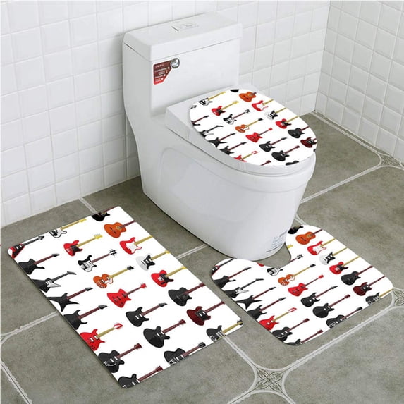 PUDMAD Guitar Musical Instruments Set Various Acoustic Bass Making Music 3 Piece Bathroom Rugs Set Bath Rug Contour Mat and Toilet Lid Cover