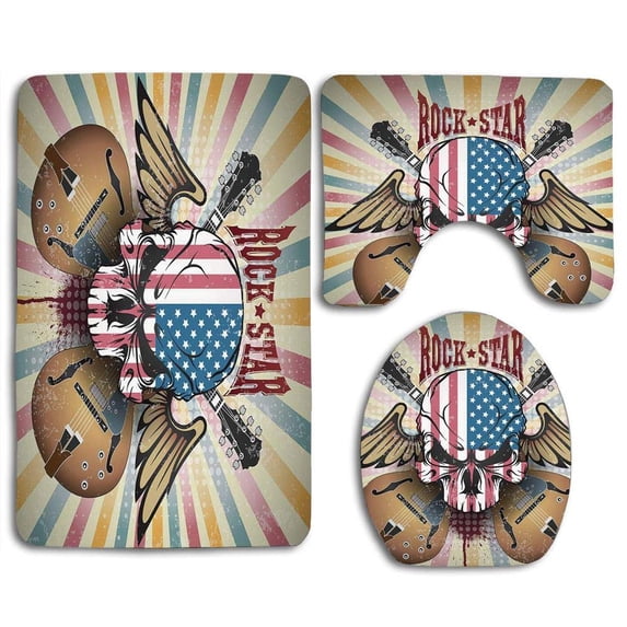 PUDMAD Guitar Retro Style Composition Angry Skull American Flag Wings Electric Guitars 3 Piece Bathroom Rugs Set Bath Rug Contour Mat and Toilet Lid Cover