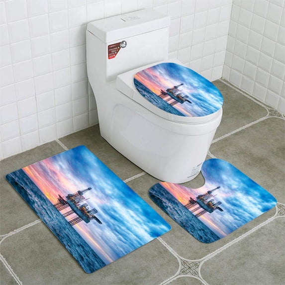 PUDMAD HDR Offshore Jack Up Rig in Middle Sea at Sunset Time 3 Piece Bathroom Rugs Set Bath Rug Contour Mat and Toilet Lid Cover