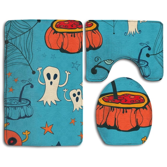 PUDMAD Halloween 3 Piece Bathroom Rugs Set Bath Rug Contour Mat and Toilet Lid Cover
