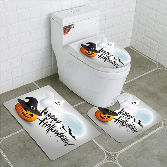 PUDMAD Halloween Happy Celebration Typography Stained Look Cute Ghost Pumpkin Hat 3 Piece Bathroom Rugs Set Bath Rug Contour Mat and Toilet Lid Cover