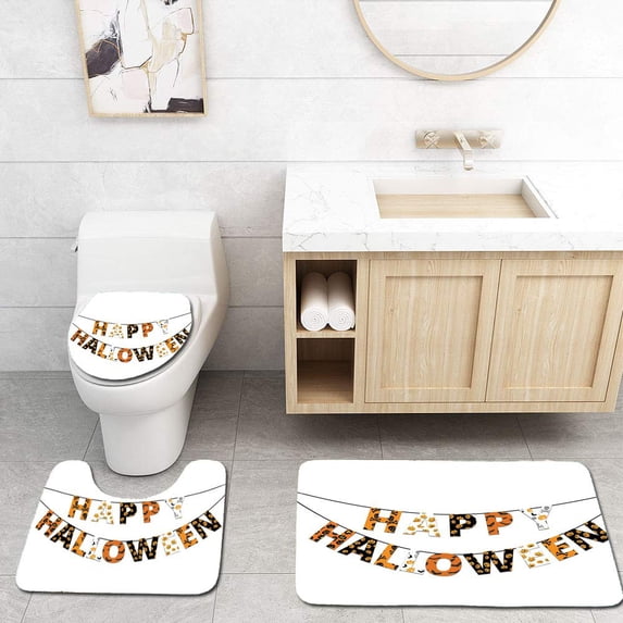 PUDMAD Halloween Happy Halloween Banner Greetings Pumpkins Skull Cross Bones Bats Pennant 3 Piece Bathroom Rugs Set Bath Rug Contour Mat and Toilet Lid Cover