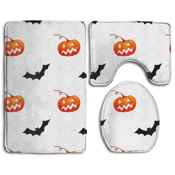 PUDMAD Halloween Pumpkin Bat 3 Piece Bathroom Rugs Set Bath Rug Contour Mat and Toilet Lid Cover