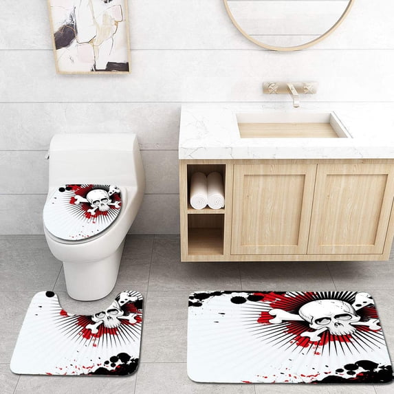 PUDMAD Halloween Skull Crossed Bones Over Grunge Evil Scary Horror Graphic Pearl Red 3 Piece Bathroom Rugs Set Bath Rug Contour Mat and Toilet Lid Cover