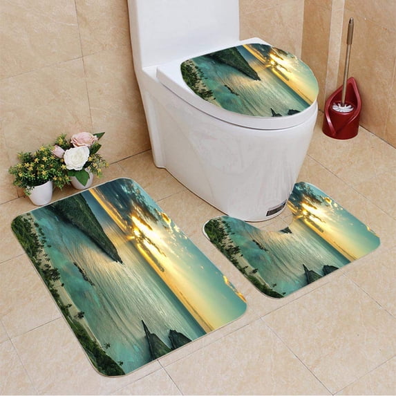 PUDMAD Hanauma Bay 3 Piece Bathroom Rugs Set Bath Rug Contour Mat and Toilet Lid Cover