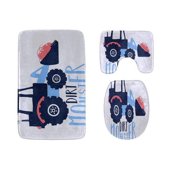 PUDMAD Hand Drawing Digger 3 Piece Bathroom Rugs Set Bath Rug Contour Mat and Toilet Lid Cover