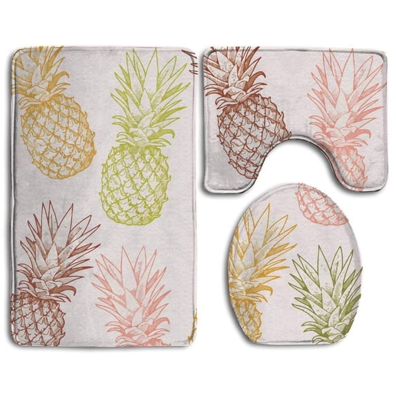 PUDMAD Hand Drawn Colorful Pineapples Seamless Background Stock 3 Piece Bathroom Rugs Set Bath Rug Contour Mat and Toilet Lid Cover