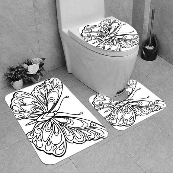 PUDMAD Hand Drawn Doodle Butterfly 3 Piece Bathroom Rugs Set Bath Rug Contour Mat and Toilet Lid Cover