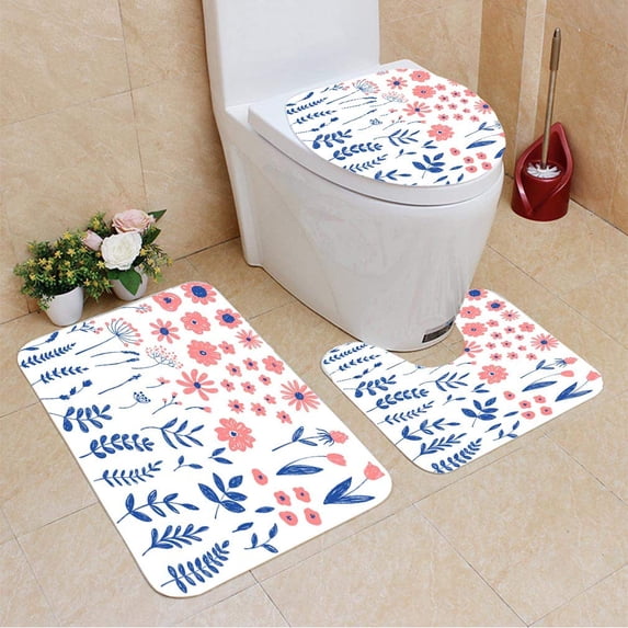 PUDMAD Hand Drawn Floral Elements Doodle 3 Piece Bathroom Rugs Set Bath Rug Contour Mat and Toilet Lid Cover