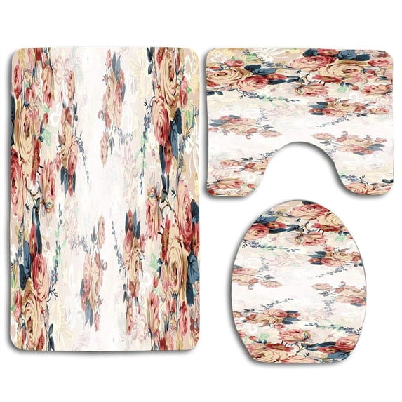 PUDMAD Hand Drawn Flower 3 Piece Bathroom Rugs Set Bath Rug Contour Mat and Toilet Lid Cover