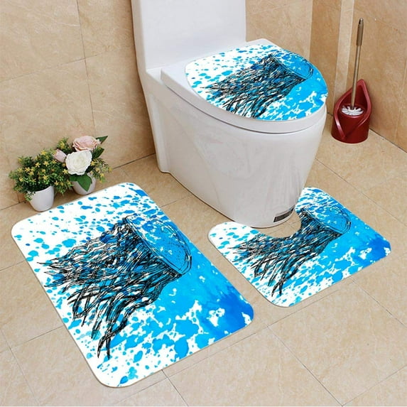 PUDMAD Hand Drawn Jellyfish Watercolor 3 Piece Bathroom Rugs Set Bath Rug Contour Mat and Toilet Lid Cover
