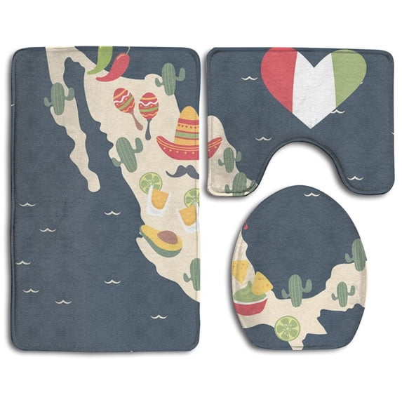 PUDMAD Hand Drawn Map New Style 3 Piece Bathroom Rugs Set Bath Rug Contour Mat and Toilet Lid Cover