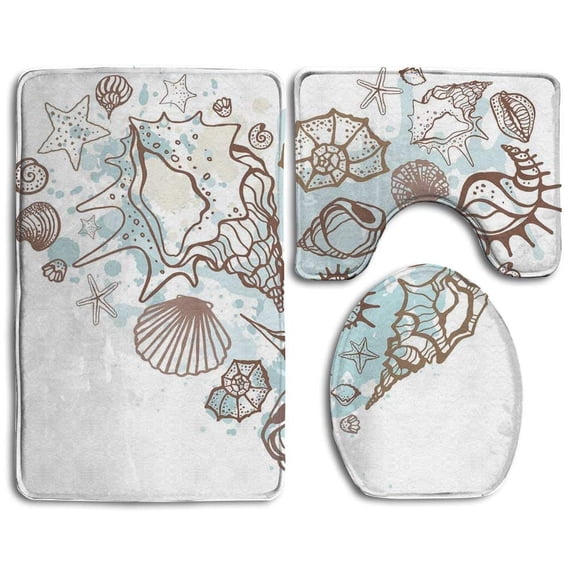 PUDMAD Hand Drawn Seashells Scallop Starfish 3 Piece Bathroom Rugs Set Bath Rug Contour Mat and Toilet Lid Cover