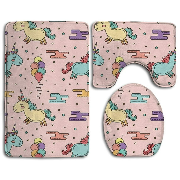 PUDMAD Hand Drawn Unicorns Balloons 3 Piece Bathroom Rugs Set Bath Rug Contour Mat and Toilet Lid Cover